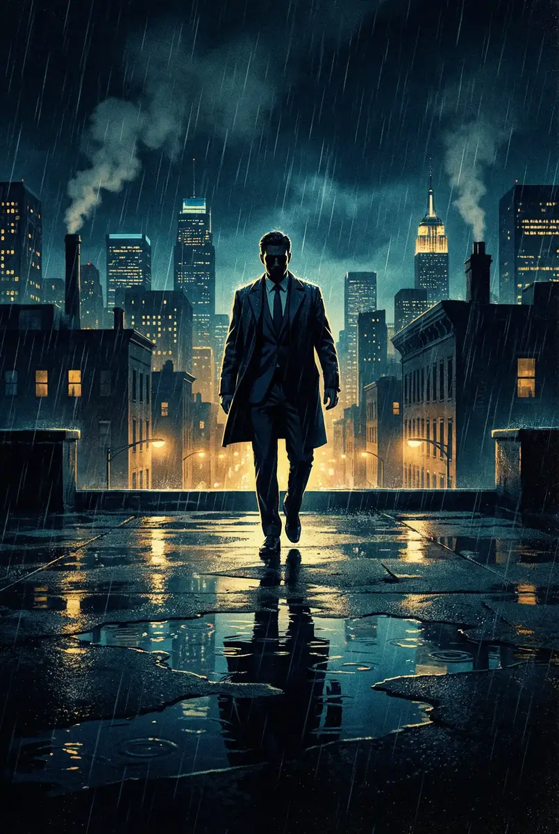 日本高清一卡二卡三卡四卡无卡 出品影片《雨夜独行者》海报，雨中城市屋顶男性剪影